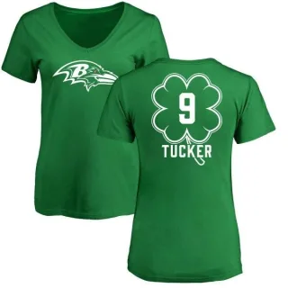 Justin Tucker Women's Baltimore Ravens Green St. Patrick's Day Name & Number V-Neck T-Shirt