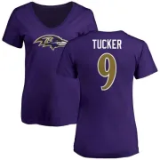 Justin Tucker Women's Baltimore Ravens Name & Number Logo V-Neck T-Shirt - Purple