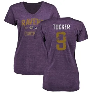 Justin Tucker Women's Baltimore Ravens Purple Distressed Name & Number Tri-Blend V-Neck T-Shirt