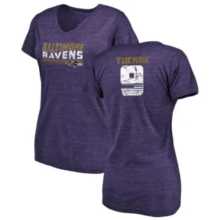 Justin Tucker Women's Baltimore Ravens Retro Tri-Blend V-Neck T-Shirt - Purple