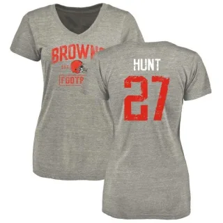 Kareem Hunt Women's Cleveland Browns Heather Gray Distressed Name & Number Tri-Blend V-Neck T-Shirt