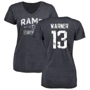 Kurt Warner Women's Los Angeles Rams Distressed Name & Number Tri-Blend V-Neck T-Shirt - Navy