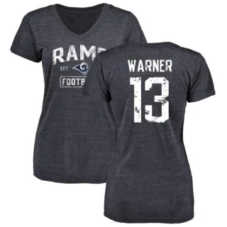 Kurt Warner Women's Los Angeles Rams Distressed Name & Number Tri-Blend V-Neck T-Shirt - Navy