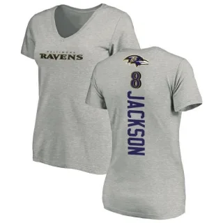 Lamar Jackson Women's Baltimore Ravens Backer V-Neck T-Shirt - Ash