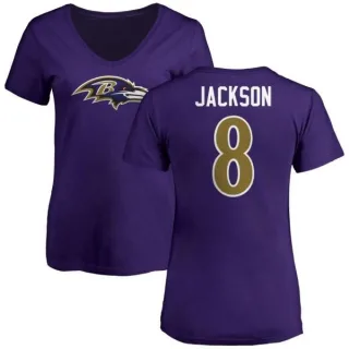 Lamar Jackson Women's Baltimore Ravens Name & Number Logo V-Neck T-Shirt - Purple