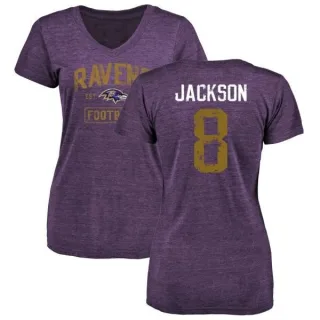 Lamar Jackson Women's Baltimore Ravens Purple Distressed Name & Number Tri-Blend V-Neck T-Shirt