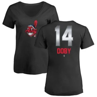 Larry Doby Women's Cleveland Indians Midnight Mascot V-Neck T-Shirt - Black