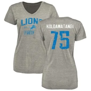 Leo Koloamatangi Women's Detroit Lions Heather Gray Distressed Name & Number Tri-Blend V-Neck T-Shirt