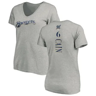 Lorenzo Cain Women's Milwaukee Brewers Backer Slim Fit T-Shirt - Ash