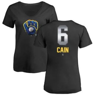 Lorenzo Cain Women's Milwaukee Brewers Midnight Mascot V-Neck T-Shirt - Black