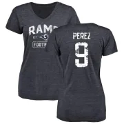 Luis Perez Women's Los Angeles Rams Distressed Name & Number Tri-Blend V-Neck T-Shirt - Navy