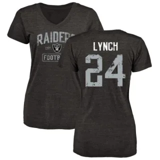 Marshawn Lynch Women's Oakland Raiders Black Distressed Name & Number Tri-Blend V-Neck T-Shirt