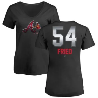 Max Fried Women's Atlanta Braves Midnight Mascot V-Neck T-Shirt - Black