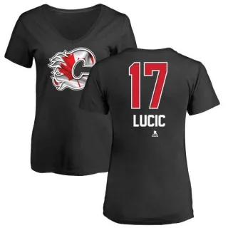 Milan Lucic Women's Calgary Flames Name and Number Banner Wave V-Neck T-Shirt - Black