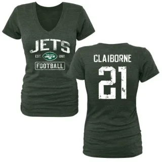 Morris Claiborne Women's New York Jets Green Distressed Name & Number Tri-Blend V-Neck T-Shirt