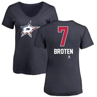 Neal Broten Women's Dallas Stars Name and Number Banner Wave V-Neck T-Shirt - Navy