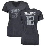 Roger Staubach Women's Dallas Cowboys Distressed Name & Number Tri-Blend V-Neck T-Shirt - Navy