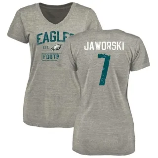 Ron Jaworski Women's Philadelphia Eagles Heather Gray Distressed Name & Number Tri-Blend V-Neck T-Shirt