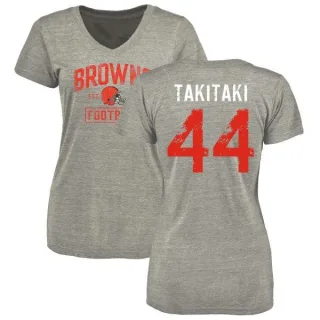 Sione Takitaki Women's Cleveland Browns Heather Gray Distressed Name & Number Tri-Blend V-Neck T-Shirt