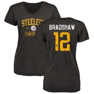 Terry Bradshaw Women's Pittsburgh Steelers Black Distressed Name & Number Tri-Blend V-Neck T-Shirt