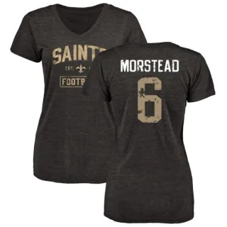 Thomas Morstead Women's New Orleans Saints Black Distressed Name & Number Tri-Blend V-Neck T-Shirt