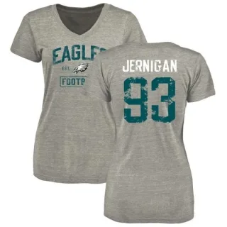 Timmy Jernigan Women's Philadelphia Eagles Heather Gray Distressed Name & Number Tri-Blend V-Neck T-Shirt