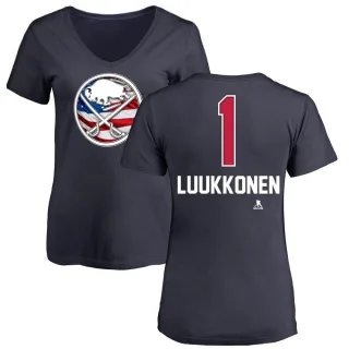 Ukko-Pekka Luukkonen Women's Buffalo Sabres Name and Number Banner Wave V-Neck T-Shirt - Navy