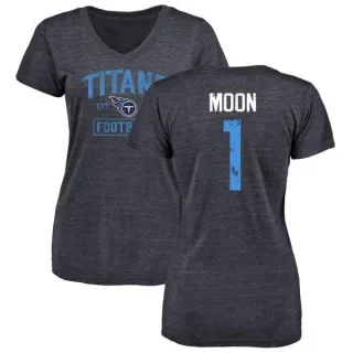 Warren Moon Women's Tennessee Titans Navy Distressed Name & Number Tri-Blend V-Neck T-Shirt